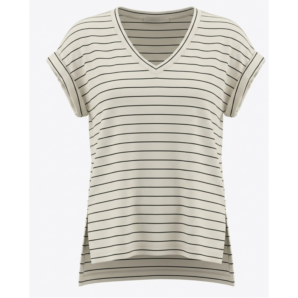 Ellison RT1532-6 V-Neck Top Women Size S Cream Black Striped Cuffed‎ Sleeve